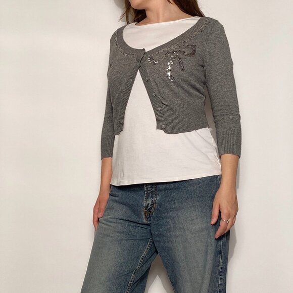 Vintage Y2K Forever 21 Grey Cropped Angora Shrug Cardigan w Sequin Bow! Medium - Picture 3 of 11